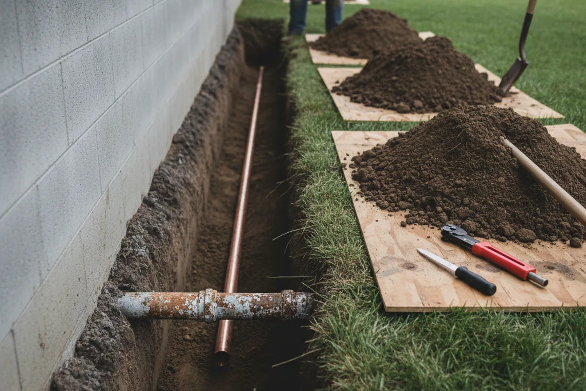 Excavated water line trench during Sewer Line Repair in Vici